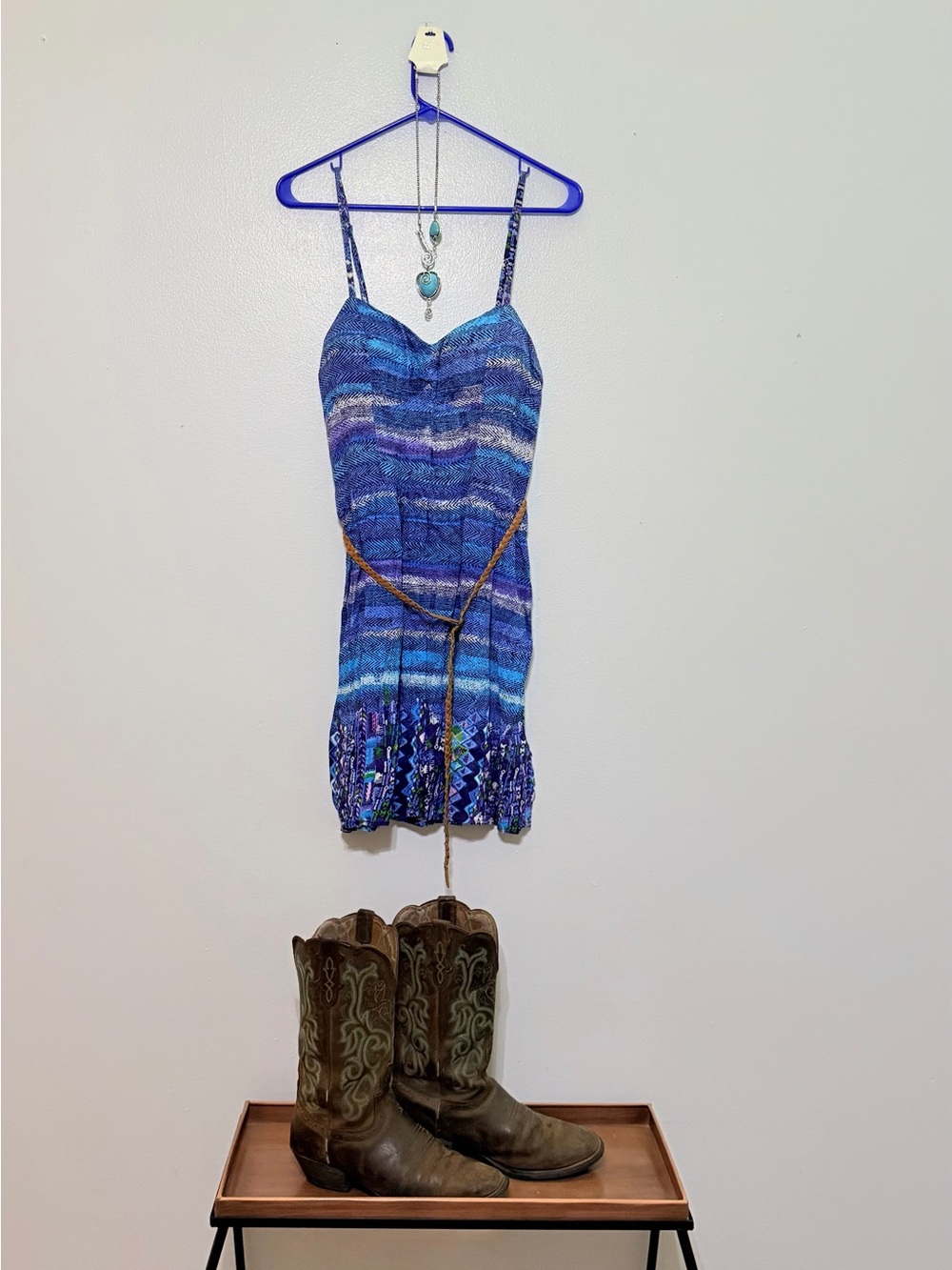 Junior Xl Blue Striped Sundress with Decorative Belt